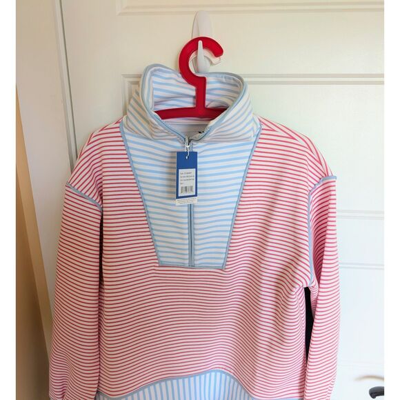 NWT Addison Bay Large Double Knit Alley Quarter Zip Guava Baby Blue Stripe L - Picture 2 of 6